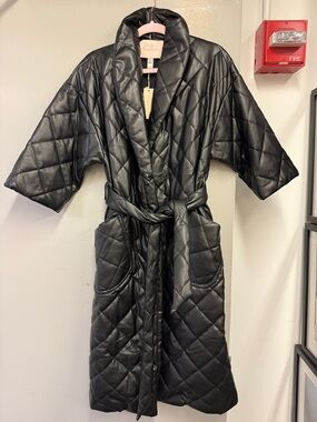 Hutch Black Quilted Leather Robe Coat with Belt
